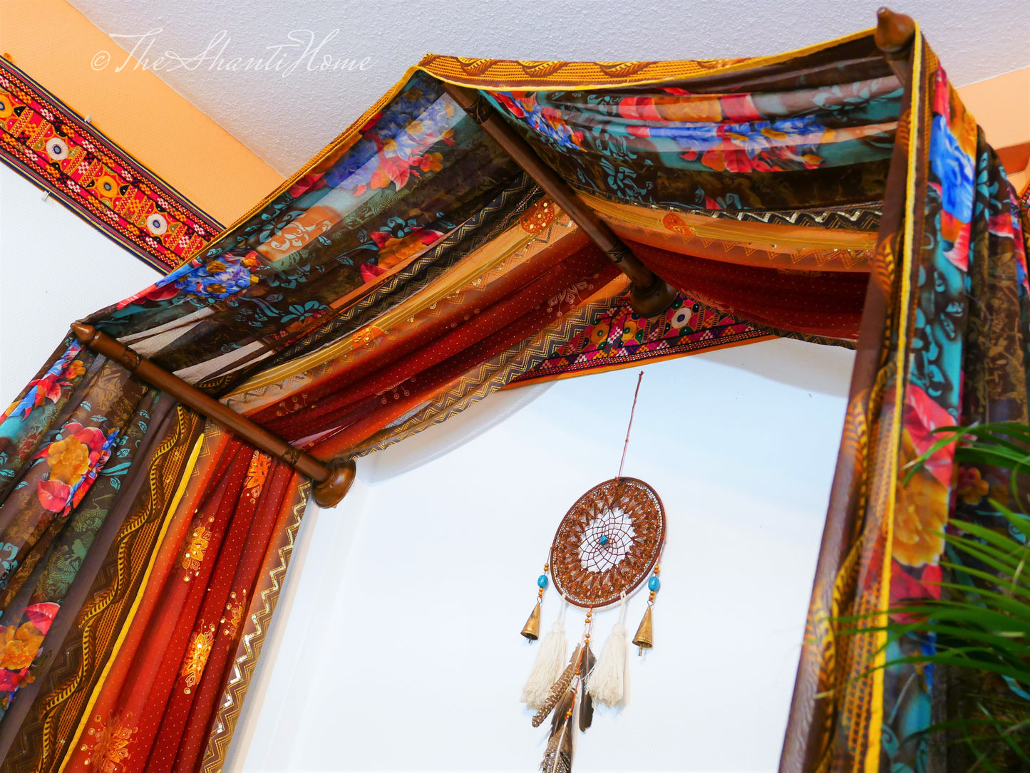 Boho bed canopy - custom made saree canopy frame with handcrafted walnut wood rods | bed curtains - meditation space