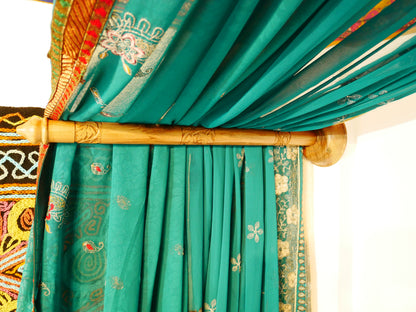 Turquoise bed canopy - custom made saree canopy frame with handcrafted walnut wood rods | bed curtains - meditation space