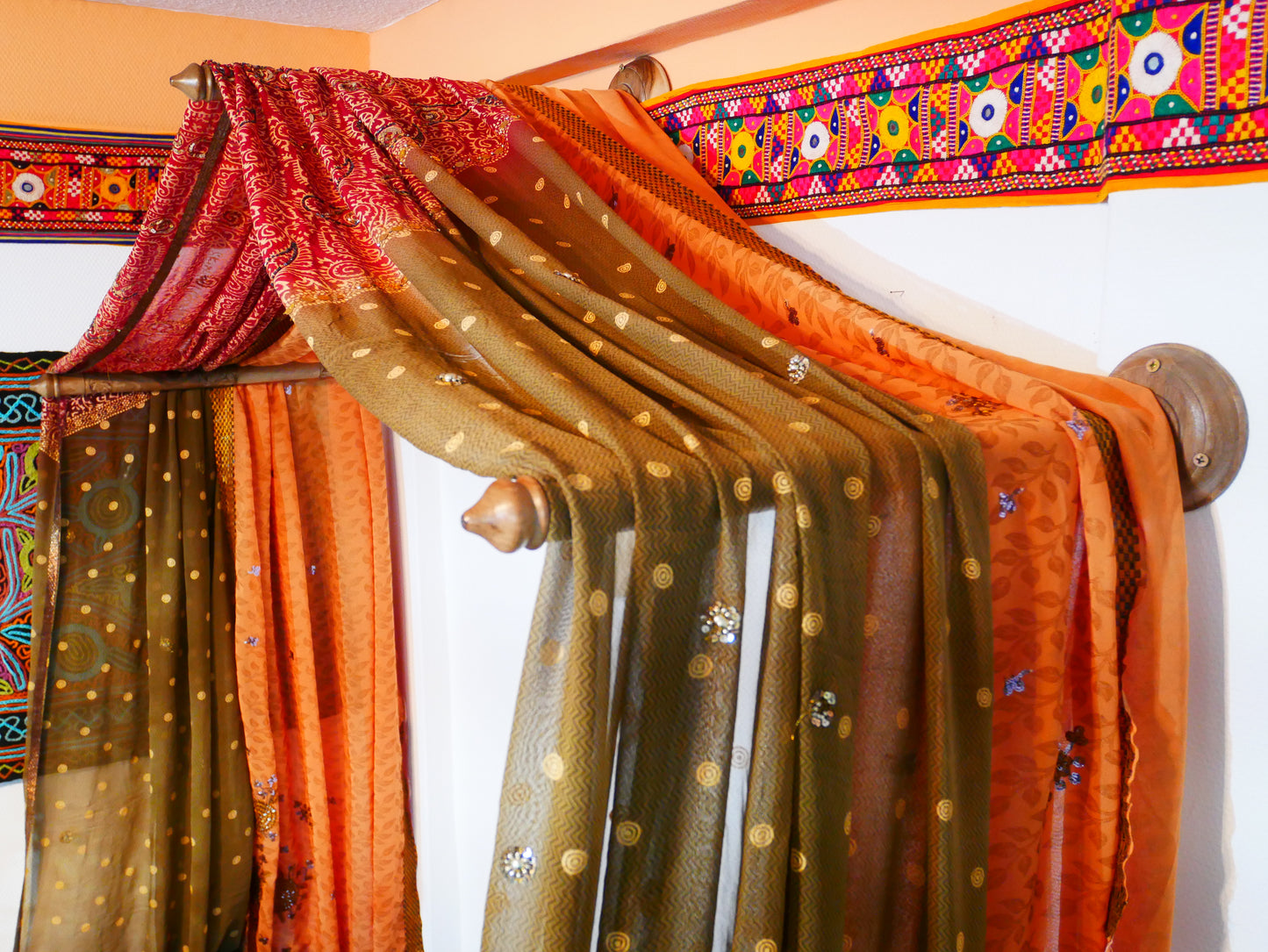 Boho bed canopy "Earth" saree canopy frame with handcrafted walnut wood rods | bed curtains - meditation space