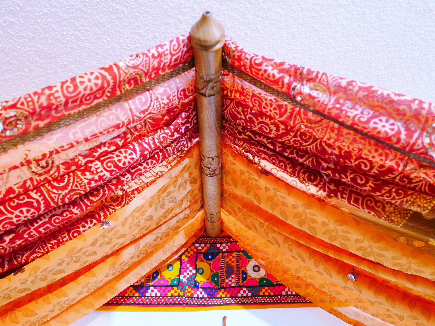 Boho bed canopy "Earth" saree canopy frame with handcrafted walnut wood rods | bed curtains - meditation space