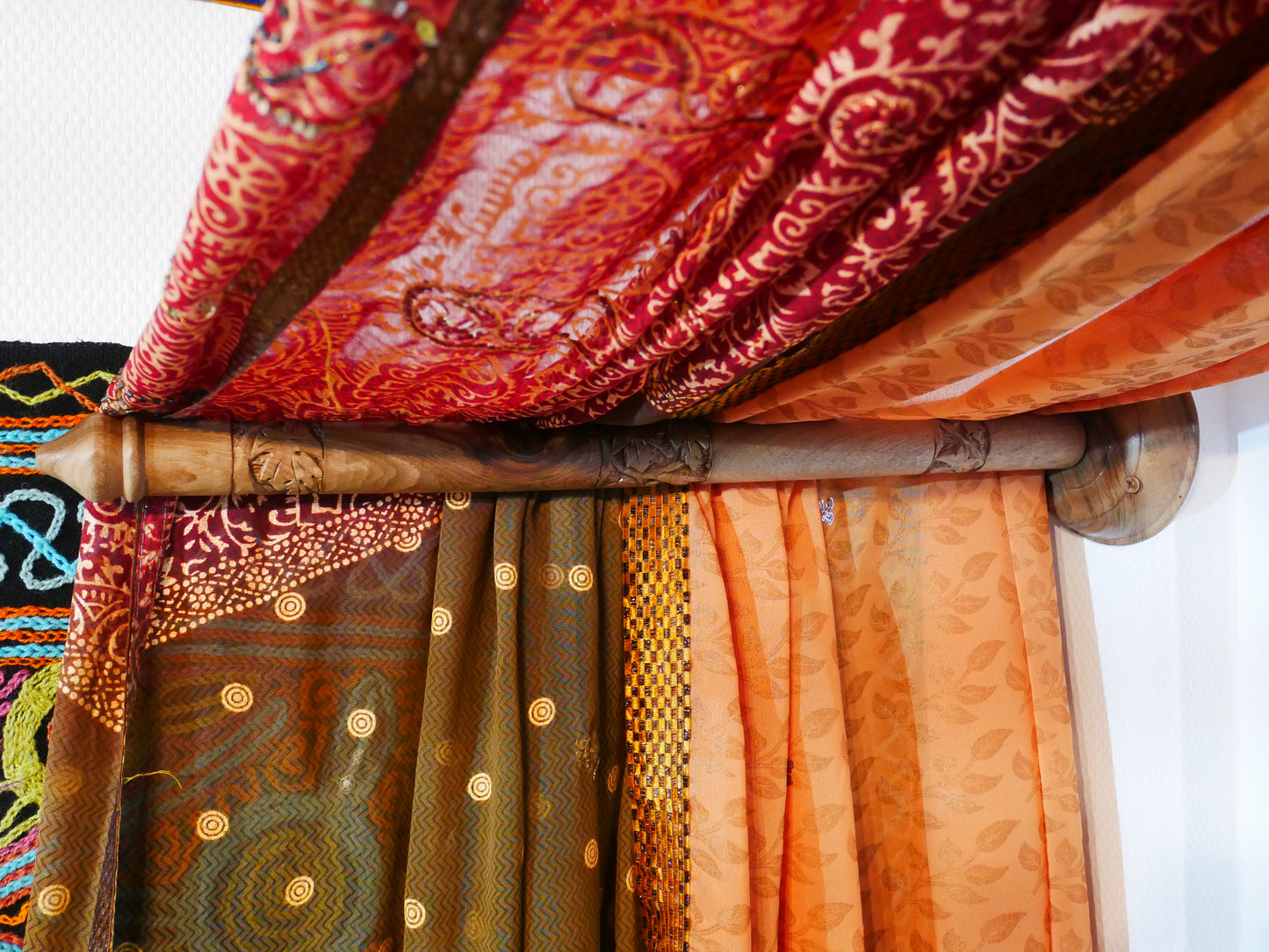 Boho bed canopy "Earth" saree canopy frame with handcrafted walnut wood rods | bed curtains - meditation space