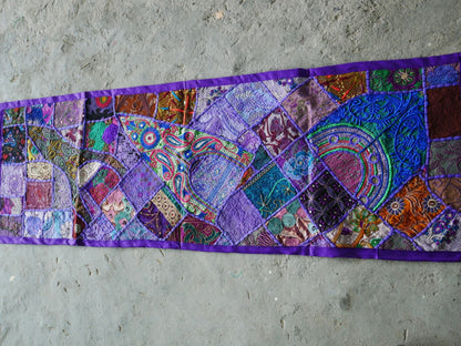 Boho wall hanging - purple tapestry - table runner vintage saree patchwork runner