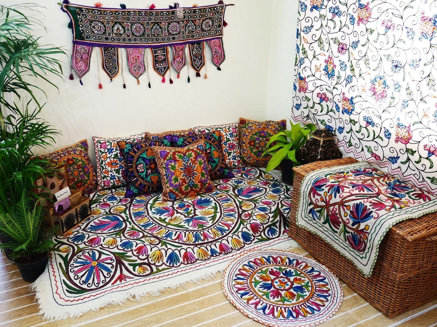 Hippie decor SET floor seating area - with decorative sarees, throw pillows and floor pillow covers | unique meditation room decor