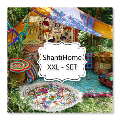 Hippie decor SET floor seating area - with decorative sarees, throw pillows and floor pillow covers | unique meditation room decor - The Shanti Home