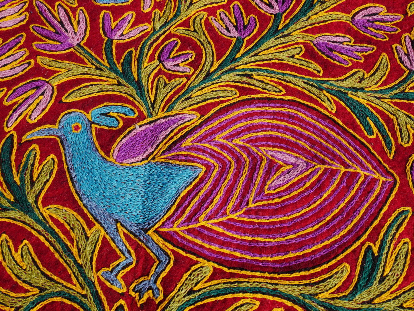 Wool area rug "Kashmir Garden" 6x4 | Flower and peacock embroidery hand felted Kashmiri "Namda"