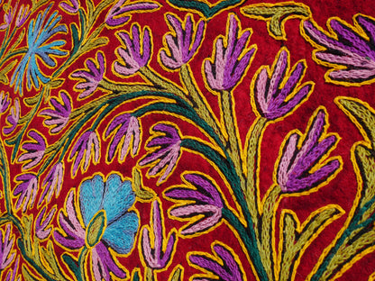 Wool area rug "Kashmir Garden" 6x4 | Flower and peacock embroidery hand felted Kashmiri "Namda"