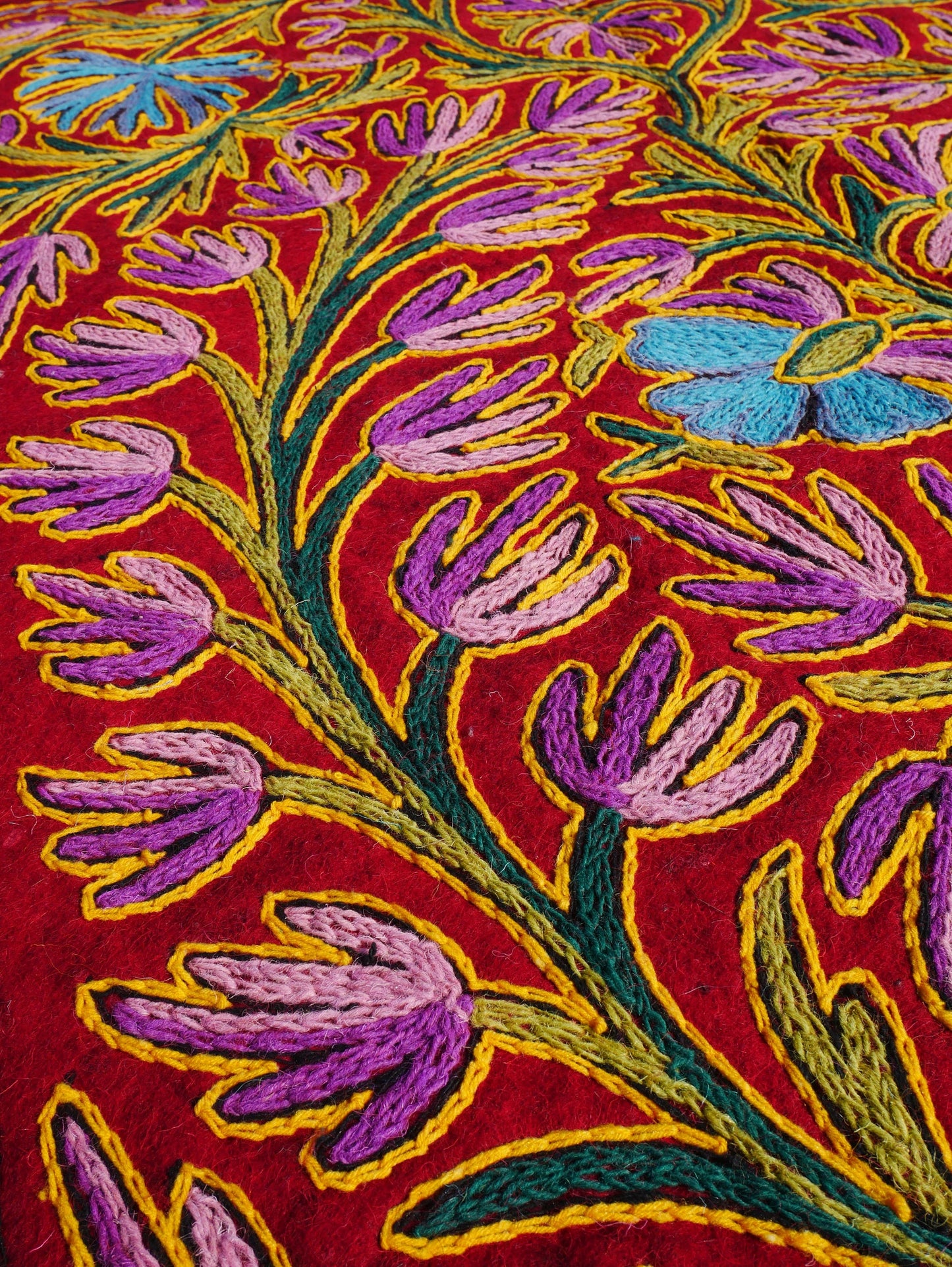 Wool area rug "Kashmir Garden" 6x4 | Flower and peacock embroidery hand felted Kashmiri "Namda"