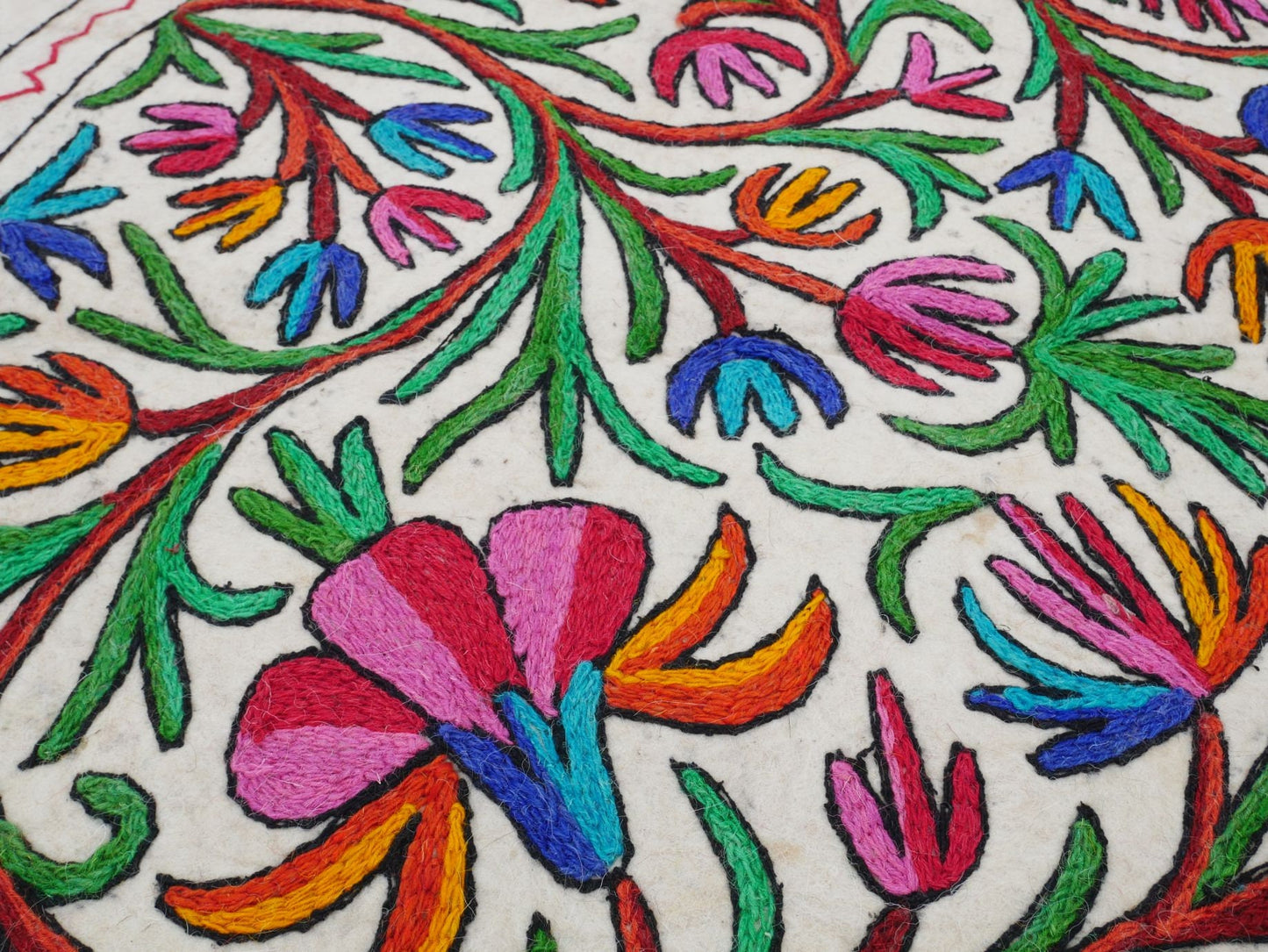 Round rug - Indian wool rug 36" | Meditation mat - Kashmiri "Namda" boho accent rug | Hand felted, floral embroidery - yoga rug |