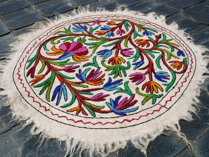 Round rug - Indian wool rug 36" | Meditation mat - Kashmiri "Namda" boho accent rug | Hand felted, floral embroidery - yoga rug |