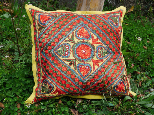 Embroidery Pillow Cover - Boho throw pillow - Silk o Cotton - Yellow