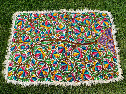 Handmade wool rug "Tree of life" traditional Namda felt rug from Kashmir | hand felted, embroidered 6x4 bohemian rug - colorful floral rug