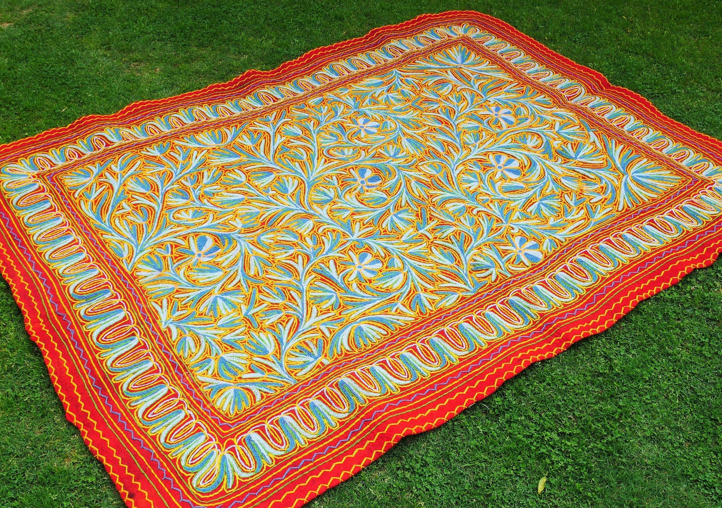 Kashmiri wool rug boho area rug | colorful Indian floor rug | traditional hand felted wool rug 7x5 ft Persian embroidery bohemian bedroom