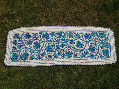 Kashmiri floor runner rug - blue and white soft, hand felted wool "Namda" rug