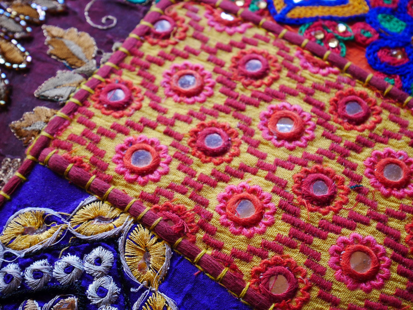 Red Patchwork pillow cover - bohemian throw pillow -  saree embroidery