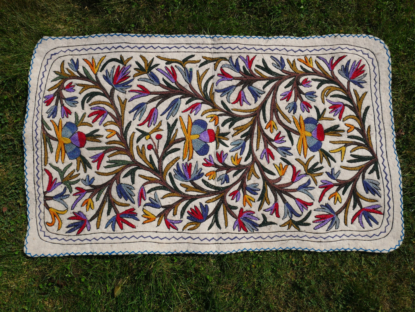 Felted wool rug | traditional Kashmiri "Namda" 5 x 3 ft boho area rug | floral embroidery on white felt rug | soft and warm bohemian rug