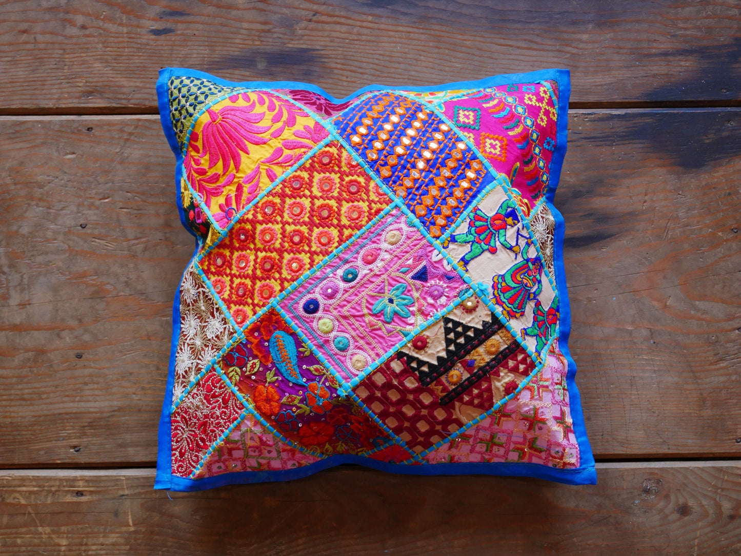 Boho throw pillow - turquoise patchwork pillow cover