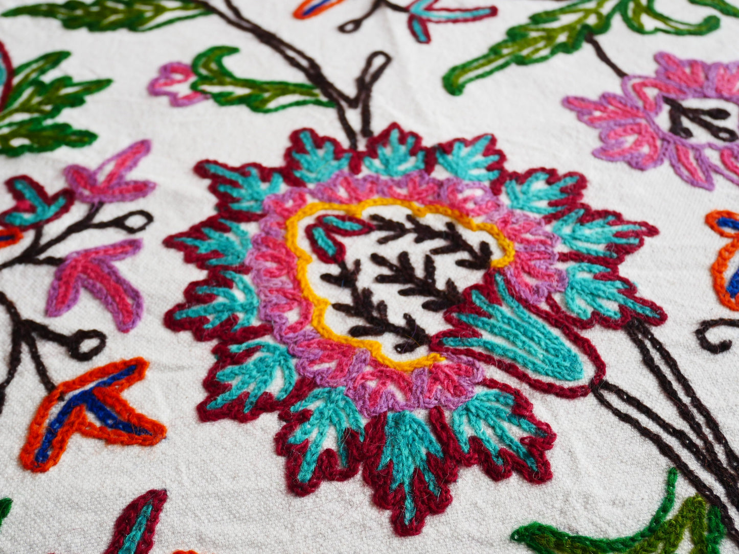 Kashmiri embroidery bed throw - bohemian bedding - Indian luxury bed cover | handmade boho bedspread - Cotton throw floral wool embroidery - The Shanti Home