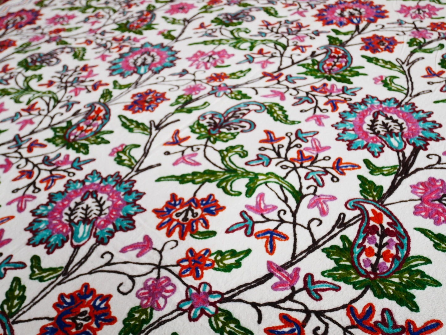 Kashmiri embroidery bed throw - bohemian bedding - Indian luxury bed cover | handmade boho bedspread - Cotton throw floral wool embroidery - The Shanti Home