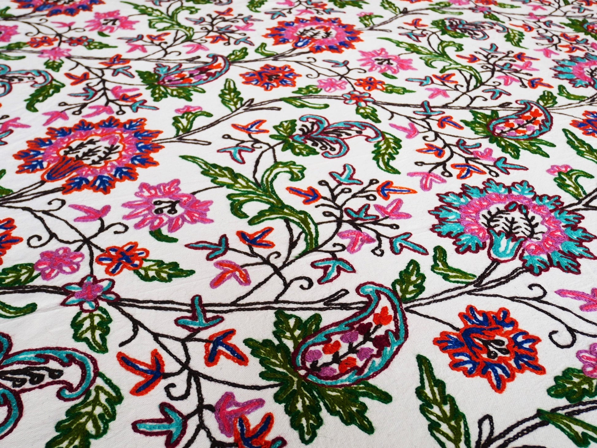 Kashmiri embroidery bed throw - bohemian bedding - Indian luxury bed cover | handmade boho bedspread - Cotton throw floral wool embroidery - The Shanti Home