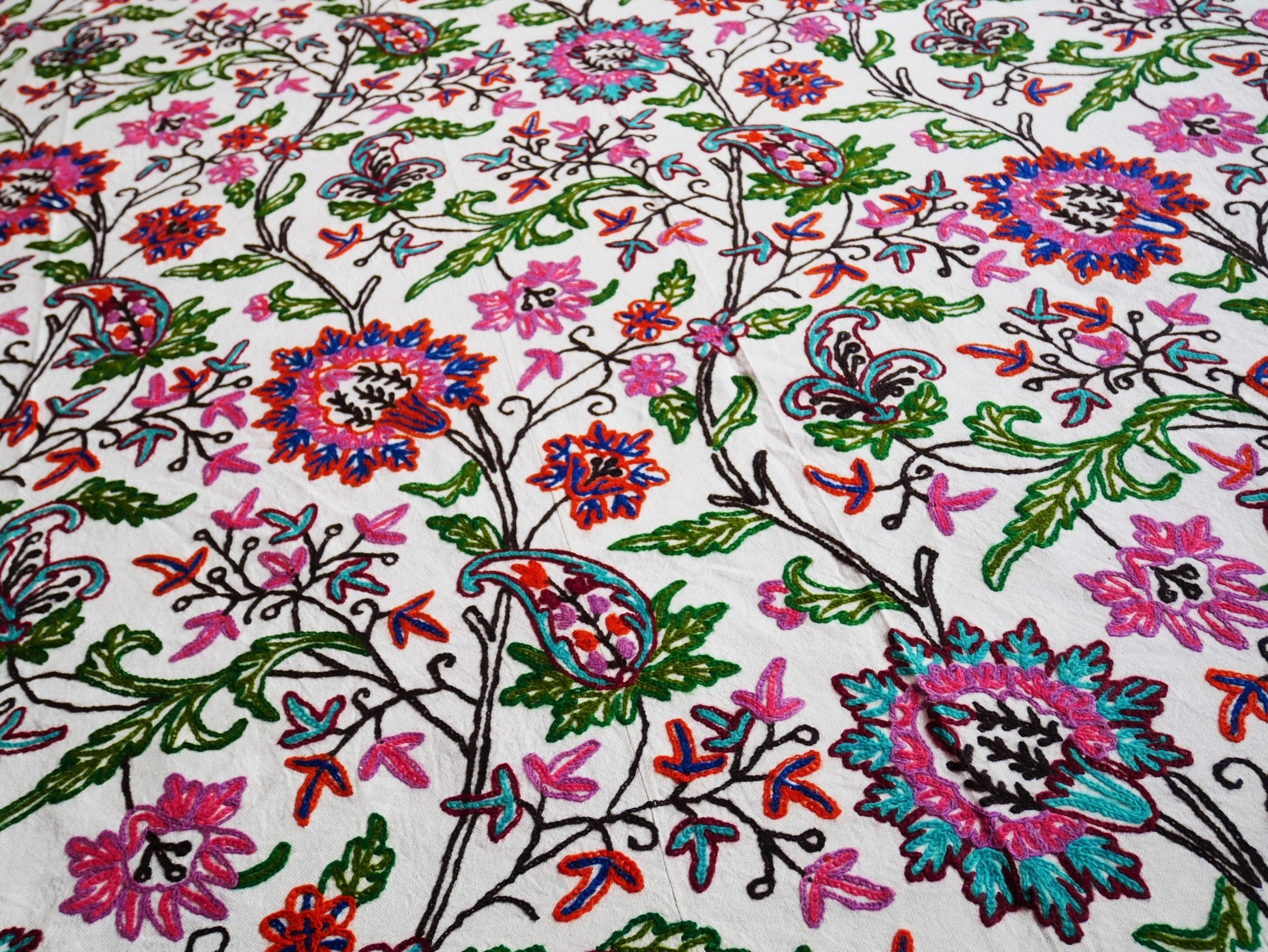 Kashmiri embroidery bed throw - bohemian bedding - Indian luxury bed cover | handmade boho bedspread - Cotton throw floral wool embroidery - The Shanti Home