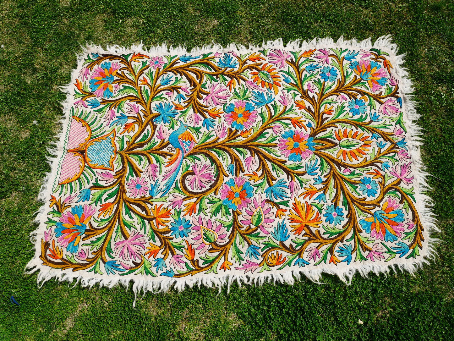 Boho wool rug "Magical Jungle" traditional Namda felt rug from Kashmir