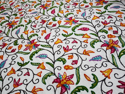 Hand embroidered Kashmiri bedspread - colorful crewel embroidery - large boho bed throw