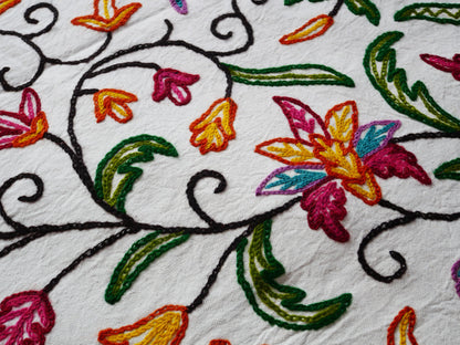 Hand embroidered Kashmiri bedspread - colorful crewel embroidery - large boho bed throw