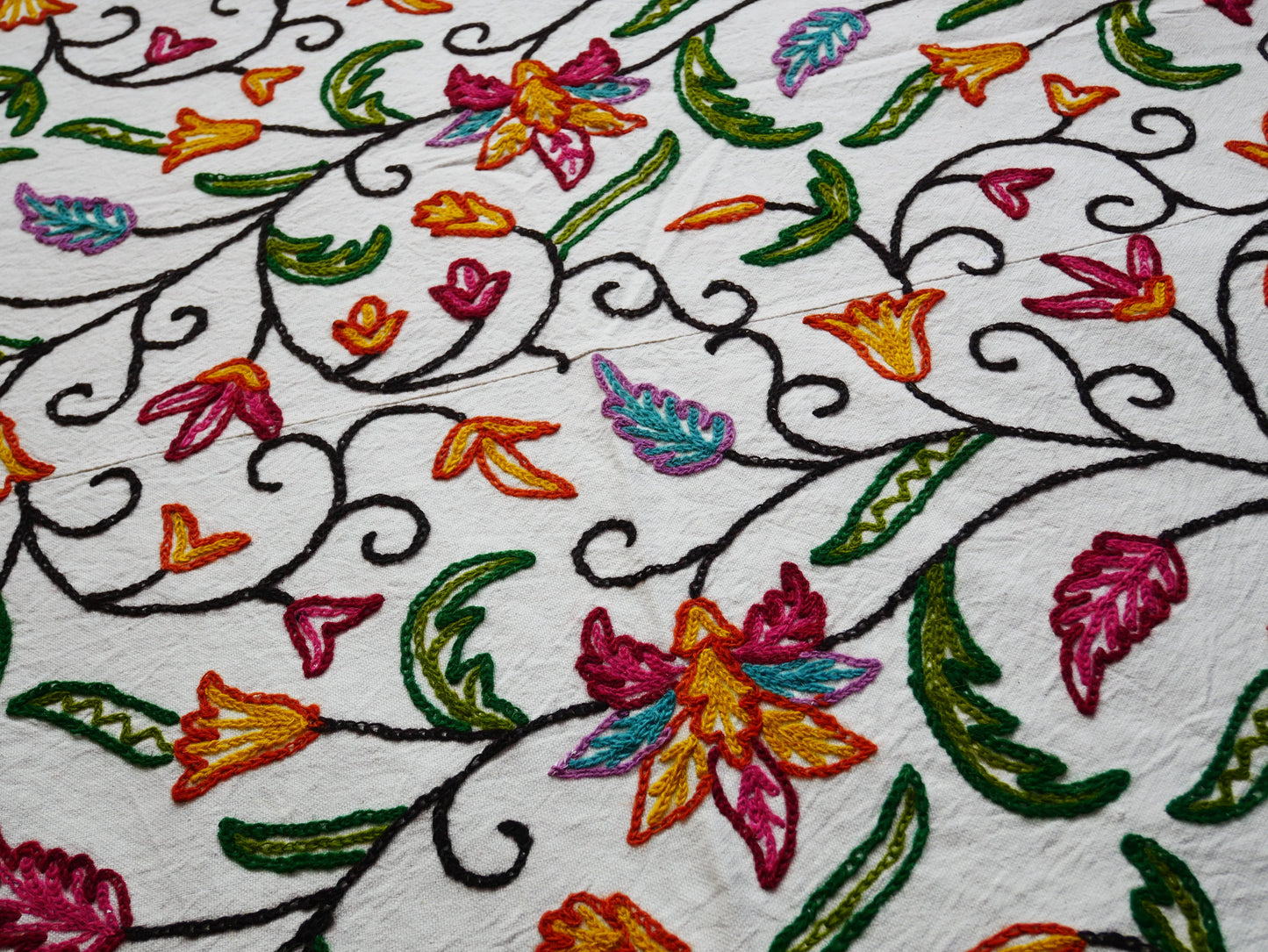 Hand embroidered Kashmiri bedspread - colorful crewel embroidery - large boho bed throw