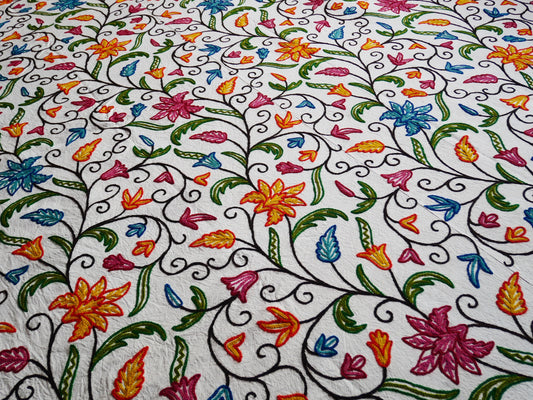 Bohemian bedspread - luxury Indian bedding | Kashmir Crewel embroidery - colorful bed throw, floral design