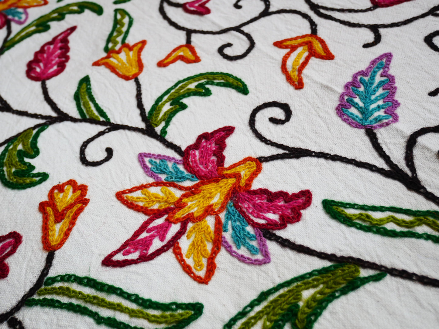 Hand embroidered Kashmiri bedspread - colorful crewel embroidery - large boho bed throw