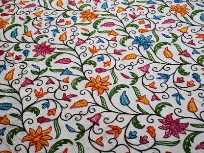 Bohemian bedspread - luxury Indian bedding | Kashmir Crewel embroidery - colorful bed throw, floral design