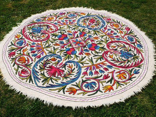 Hand felted rug - mandala embroidery 6ft | Kashmiri "Namda" traditional handmade wool rug | persian floral design | colorful bohemian style