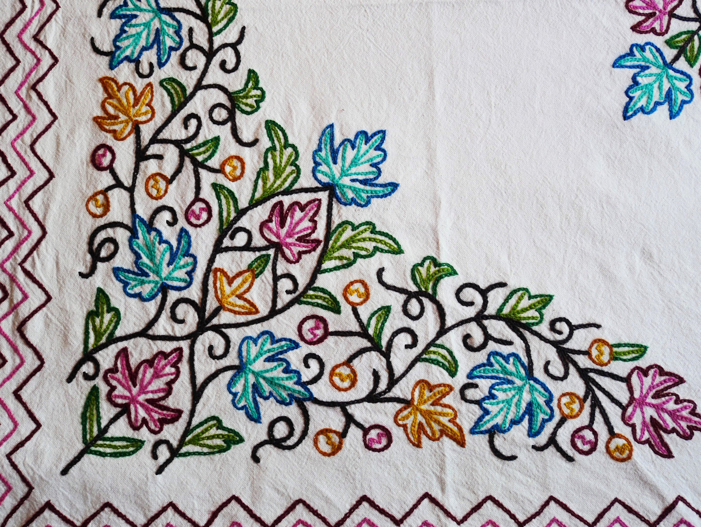 Kashmiri bedding - cotton and wool bed throw - elegant floral embroidery