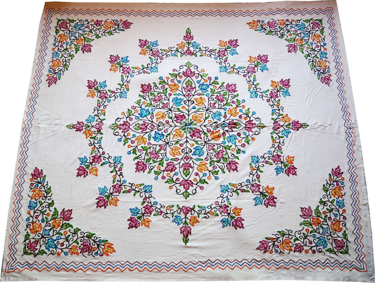 Kashmiri bedding - cotton and wool bed throw - elegant floral embroidery