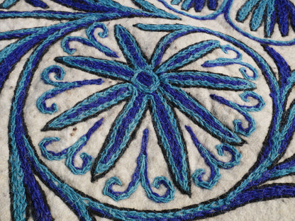 Wool rug Kashmiri "Namda" 6x4 | blue and white hand felted and embroidered area rug