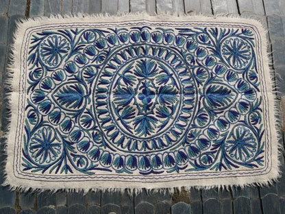 Wool rug Kashmiri "Namda" 6x4 | blue and white hand felted and embroidered area rug