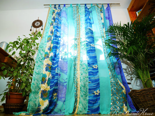 Turquoise blue curtain - Indian vintage saree curtain