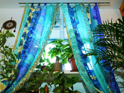 Turquoise blue curtain - Indian vintage saree curtain