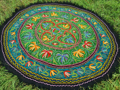 Large round rug - boho wool rug | 5 ft "Namda" from Kashmir hand felted and embroidered | soft Indian area rug - bohemian bedroom carpet