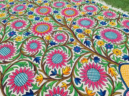 Hand-Felted 7x5 Flower Wool Rug "Namda" from Kashmir - Unique Floral Embroidery on Sheep Wool Felt Base - Boho Decor for Cozy Floors and Artful Corners