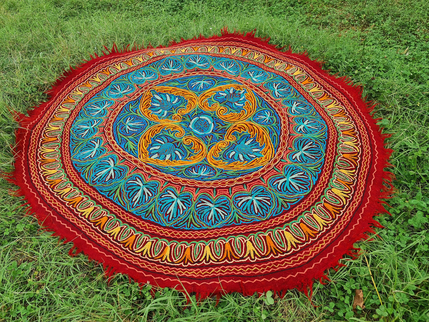 5 ft "Namda" from Kashmir "Shanti Mandala" large round rug hand felted and embroidered | soft Indian area rug - bohemian bedroom carpet