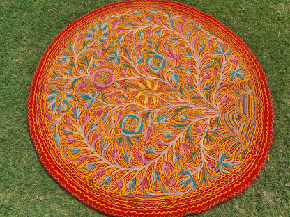 Round rug 5 ft boho wool rug "Namda" from Kashmir hand felted and embroidered