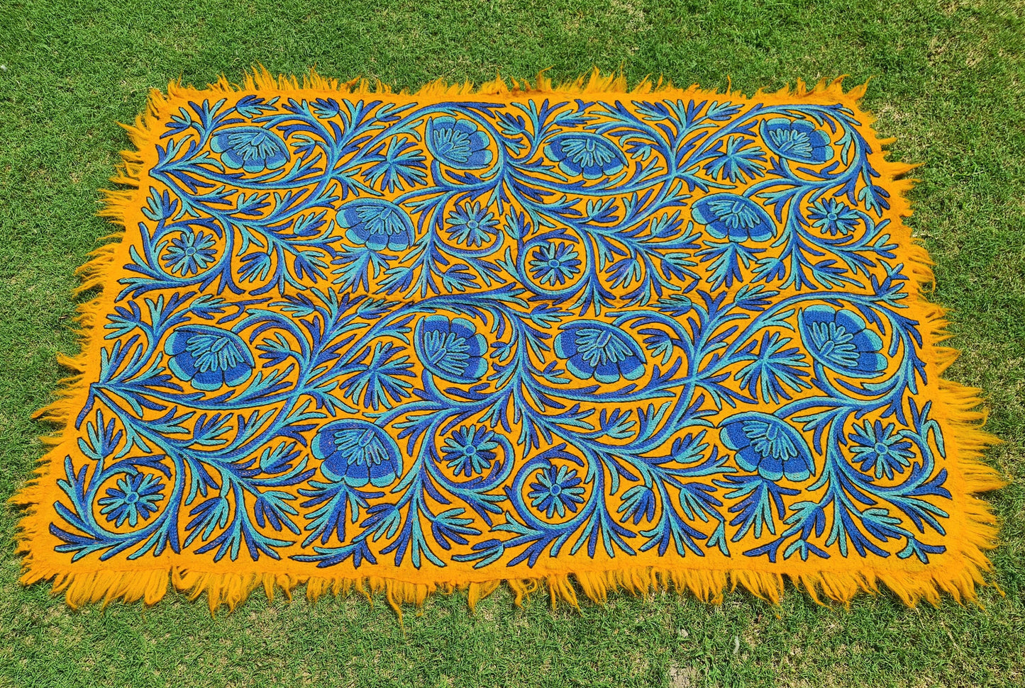 Wool rug - boho area rug 6x4 | hand felted Kashmiri "Namda" Orange Flower